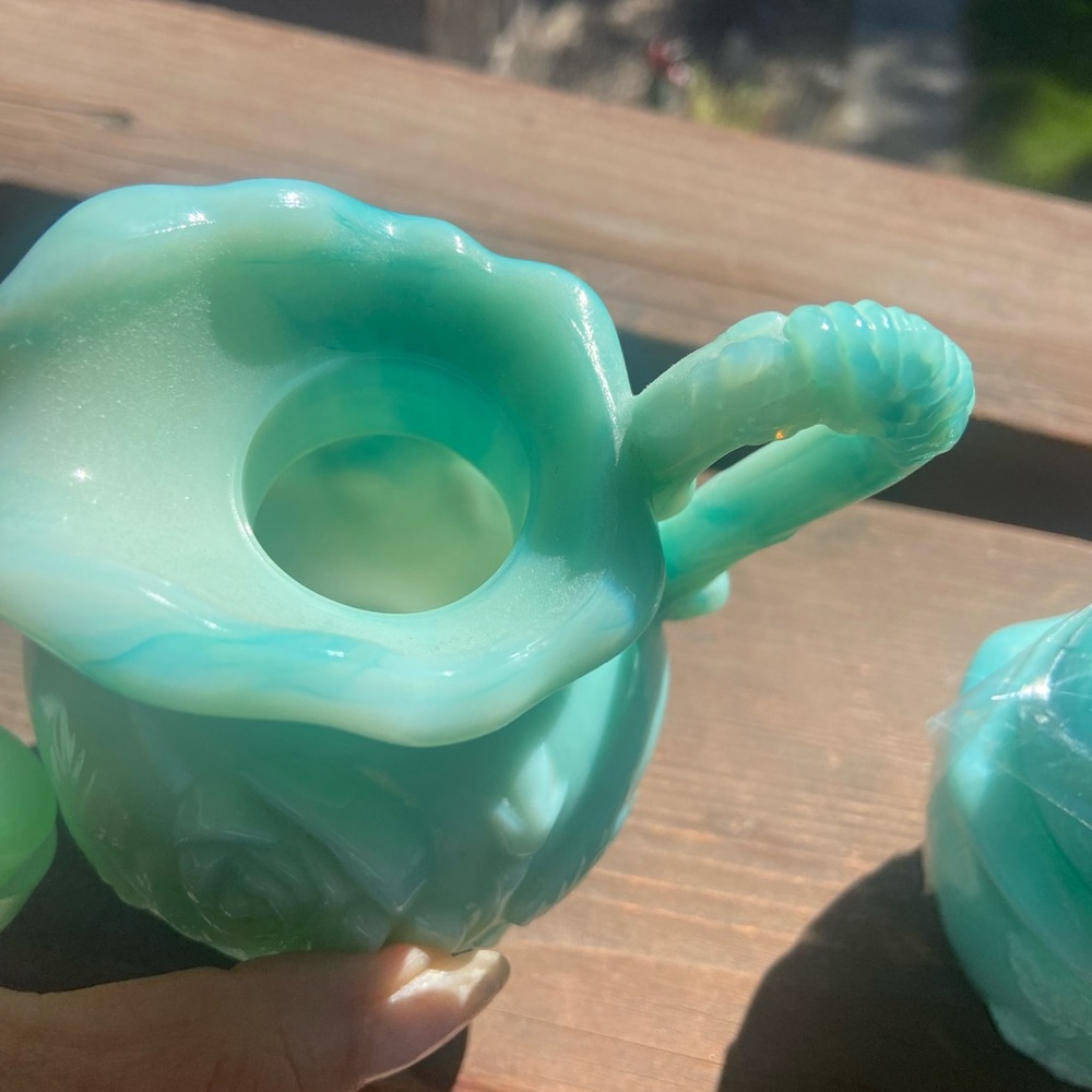 Vintage 1Avon Green/Teal Jade Decanter pitcher with bowl and powder satchel - Picture 5 of 11